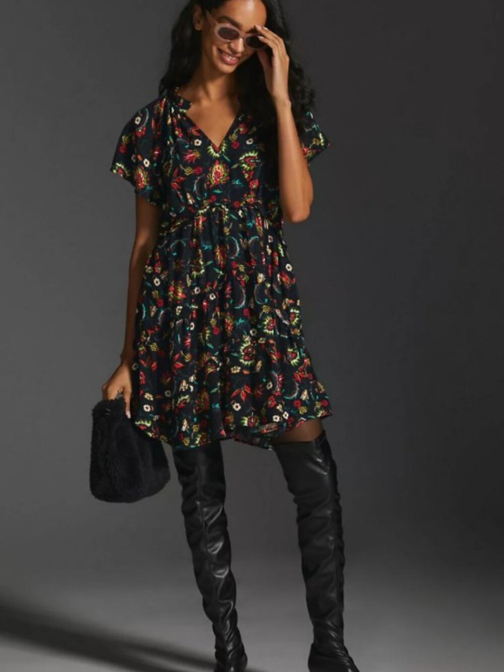 Anthropologie Robin Tiered Mini Dress Boho Floral Dark Romantic Sz Medium